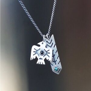 Hawk & Feather Sterling Necklace + Blue Aquamarine custom stone pendant